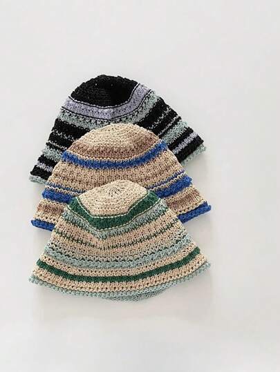 1 件装复古双色条纹草编渔夫帽，百搭女士紧凑型渔夫帽