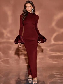 Elegantes Damen Abendkleid, asymmetrische Puffärmel, Langarm, Stehkragen, figurbetonter Schnitt, Schlitz hinten, Maxikleid, Herbst - Rot-violett - Übersicht 7