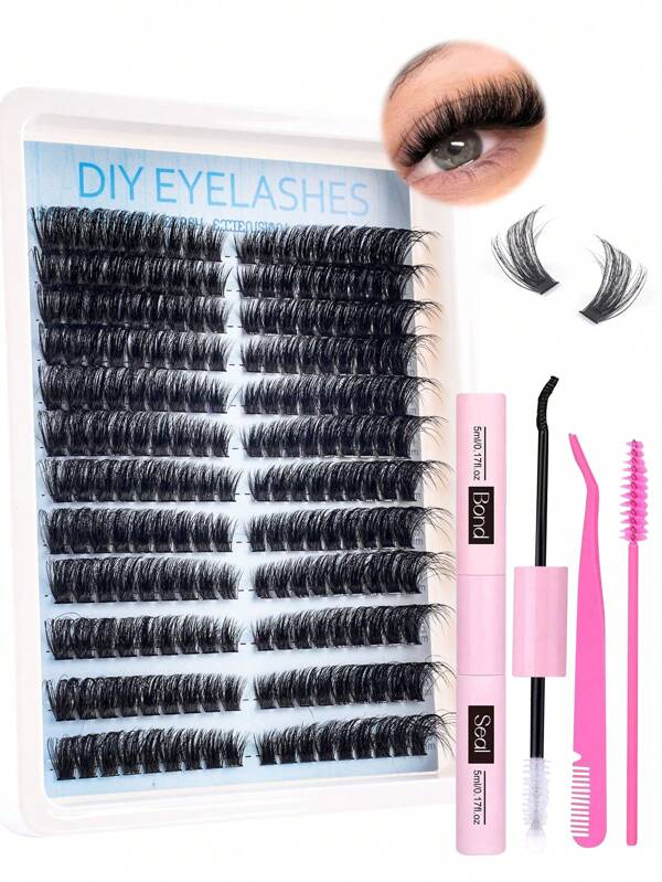 216pcs Eyelash Extension Kit - Fluffy Mink Fur Lashes Set, Natural Thick Lashes With Lash Glue & Tweezer, 80D Eyelash Cluster 8-16mm Mixed, Fluffy Individual Lash Extension Kit, Cat Eye Lashes
