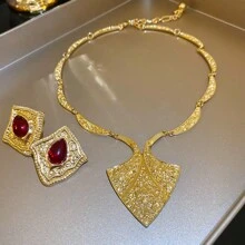 3 件套中世纪图案浮雕耳环和项链套装，法式复古浮雕颈链耳环，适合女性派对、婚礼首饰套装、斋月节日首饰 - 金色 - 查看 9