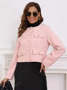 TRAFZA Women's Elegant Casual Tweed Jacket Spring Round Neckline Decorated Long Sleeves Solid Colour Coat