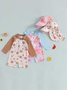 Toddler Girls Rash Guard Swimsuit With Hat 2 Pcs Set Flower Pattern Zip Up Long Sleeve Crew Neck Baby Girls Swimwears - Blue - View 2
