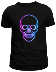 Ajolotastico Black T-Shirt For Men, Neon Rock Skull, Black Casual Round Neck T-Shirt For Men With Neon Rock Skull Print, Short-Sleeved Urban Top, Printed Fashion For Daily Use, Street Fashion - 黑色 - 查看 1