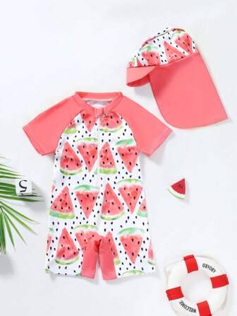 Infant Watermelon Print Cartoon Swimwear With Sun Hat