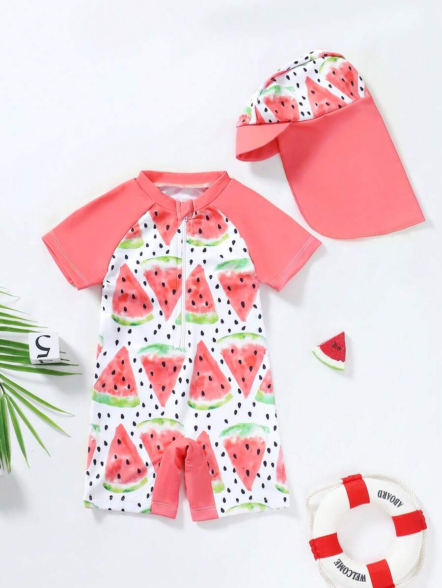 Infant Watermelon Print Cartoon Swimwear With Sun Hat - Pink - View 1