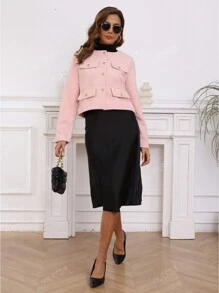 TRAFZA Women's Elegant Casual Tweed Jacket Spring Round Neckline Decorated Long Sleeves Solid Colour Coat