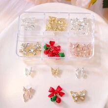 6-Grid Jewelry Light Luxury Alloy Nail Decorations, Containing Various Diamond-Studded Alloy Jewelry, Butterflies, Bells, Cherries, Stars, And Moons Sparkling For Nail Art Design Family DIY