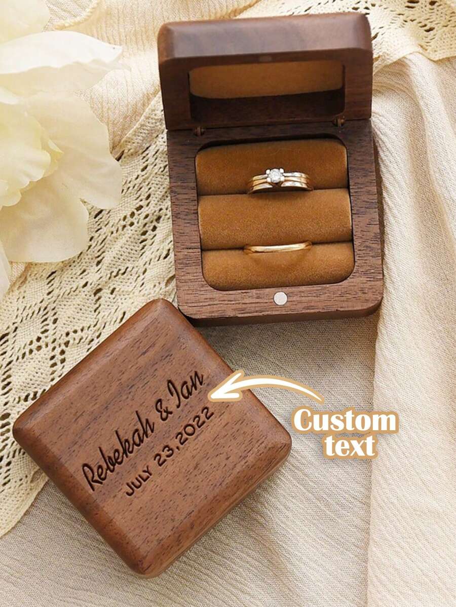 Personalized Wedding Ring Box, Customized Wooden Ring Box, Engagement Ring Box, Double Slot Ring Box, Engraved Proposal Ring Box, Gift For Her, Bridal Gift, Wedding Anniversary Gift, Valentine's Day Gift, Mother's Day Gift, Birthday Gift - Multicolor - View 1