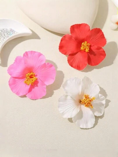 3 ชิ้น กิ๊บติดผมลายดอกชบา สไตล์ชายหาดสำหรับผู้หญิง, เครื่องประดับผมโบฮีเมียนน่ารัก, เครื่องประดับศีรษะ, กิ๊บติดผม