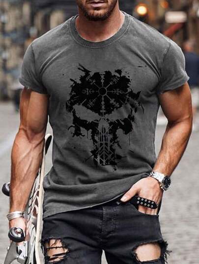 Men's Fashion Skull Head Street Dark Print Short Sleeve T-Shirt, Emo