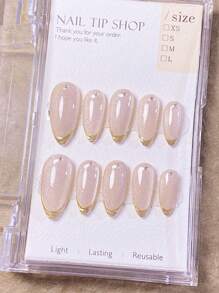 10pcs/Set Handmade Almond-Shaped Natural Amethyst Cat Eye Nail Stickers With White Rhinestones & Gold Tip Design, Elegant & Stylish Press-On Nails
