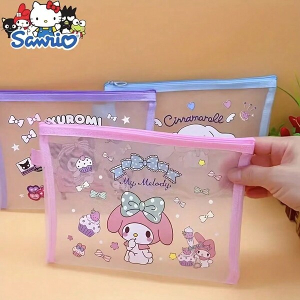 Sanrio Borsa di rete in nylon serie Sanrio A5, cartella, borsa portaoggetti, astuccio per matite con personaggi dei cartoni animati Hello Kitty, Yumiko Dog, Kurumi, Melody, custodia per documenti e fogli per esami, simpatico regalo di cartoleria con cerniera, adatto per la scrivania dell'ufficio e per gli esami degli studenti