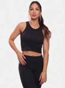 Kit 2 Top Cropped Regata Canelado Feminina Lisa Básica - 2 Pretos - Visão 2