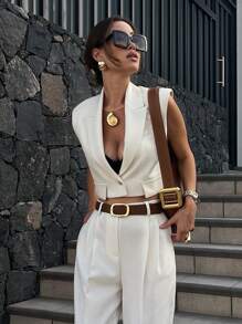 SHIBASHAN Summer Crop Lapel Blazer Top For Women Business Elegant Sleeveless Single Button Suit Jacket Waistcoat Casual White - White - View 4