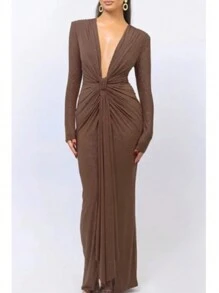 优雅性感深V领缎带摩卡慕斯色长款连衣裙，新款性感开衩修身长袖长款连衣裙，派对礼服，婚礼宾客鸡尾酒会礼服