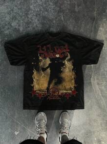 Men's Fashion Star & Letter Print Short Sleeve T-Shirt - Black - View 3