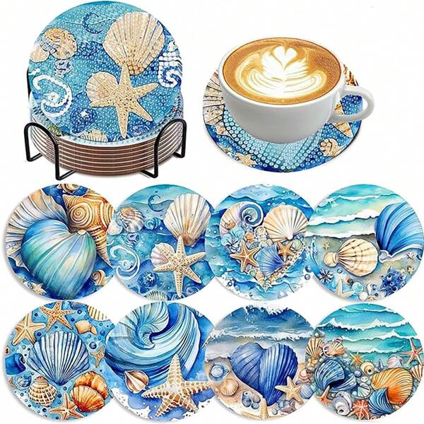 8pcs/Set DIY Diamond Painting Coasters, Starfish & Shell Pattern, Beverage Insulation Non-Slip Coasters With Holder, Handmade Gift, Mosaic Decoration