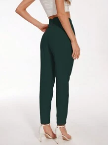 TRAFZA Women's Slim Fit Solid Color Pleated Stretch Straight Leg Pants, Suitable For Casual And Formal Wear - Dark Green - View 6