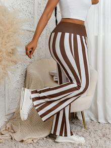 Plus Size Women's Wide Leg Striped Print Casual Pants, Long Length - Brown - View 2
