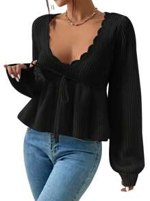Women's Spring Autumn Knit Tops Solid Color Long Sleeve Drawstring Waist Knitwear - Black - View 1