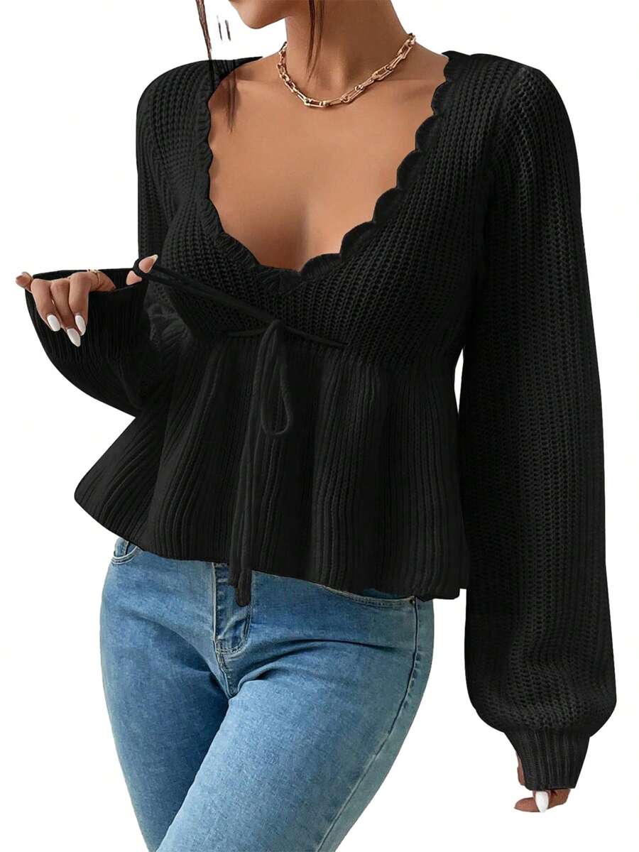 Women's Spring Autumn Knit Tops Solid Color Long Sleeve Drawstring Waist Knitwear - Black - View 1