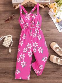 Young Girl' Floral Print Spaghetti Strap Jumpsuit, Cinched Waist Waist Wide Leg, Suitable For Resort & Summer - Rose Red - View 1