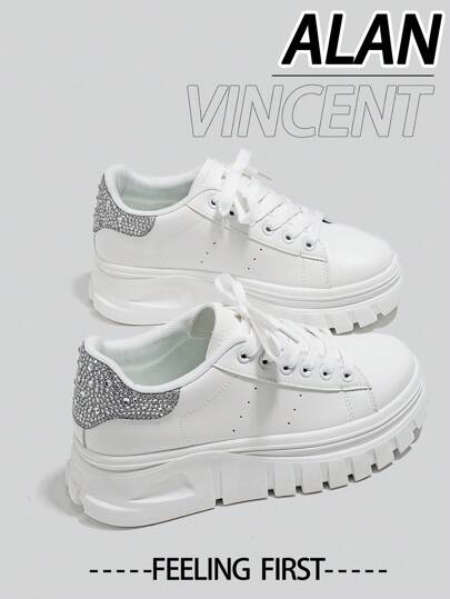  Alan Vincent【厚底增高系列】Lwhite女鞋2025新款运动鞋厚底增高休闲运动鞋女士厚底鞋舒适时尚适合日常穿着后跟镶钻