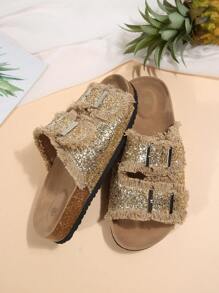 Plus Size Women Fringe Slip-On Sandals, Retro Niche Design Casual Thick Sole Slippers