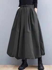 女士休闲 A 字形侧袋中长裙 - 灰色 - 查看 2