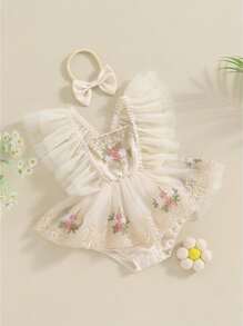 Newborn Baby Girl Princess Romper Dress Mesh Embroidery Tutu Skirt Jumpsuits One Piece Outfits - Màu be - Xem 2