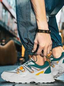 Zapatillas deportivas casuales con suela gruesa de moda para hombre - Zapatillas deportivas de corte bajo, suela de EVA, exterior de PU, plantilla de tela - Diseño de punta redonda con cordones, adecuado para todas las estaciones - Diseños de unicolor y estampados.