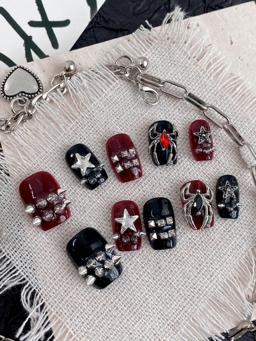 10Pcs Handmade Punk Rivet 5-Pointed Star & Spider Detachable Reusable False Nails, Comes With Nail Glue & Files Press On Nails Nail Supplies Nails - Multicolor - View 1