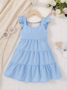 2pcs Young Girls' Solid Color Vacation Ruffled Strap Cake Dress, Summer 2025 - Blue - View 1