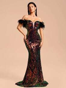 Elegant Sequin Embroidered Off-The-Shoulder Long Dress With Artificial Feather Sleeves, Suitable For Parties, Banquets And Formal Occasions - Multicolor - View 4