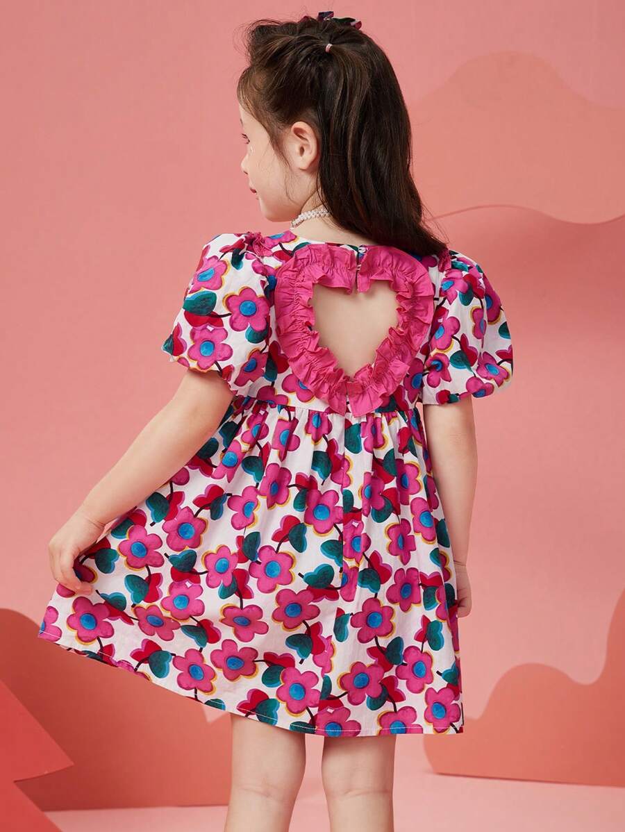 ASK JUNIOR Girls Floral Print Chiffon Beach Dress With Puff Sleeve, Summer Lightweight Sundress For Young Children