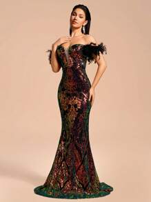 Elegant Sequin Embroidered Off-The-Shoulder Long Dress With Artificial Feather Sleeves, Suitable For Parties, Banquets And Formal Occasions - Multicolor - View 5