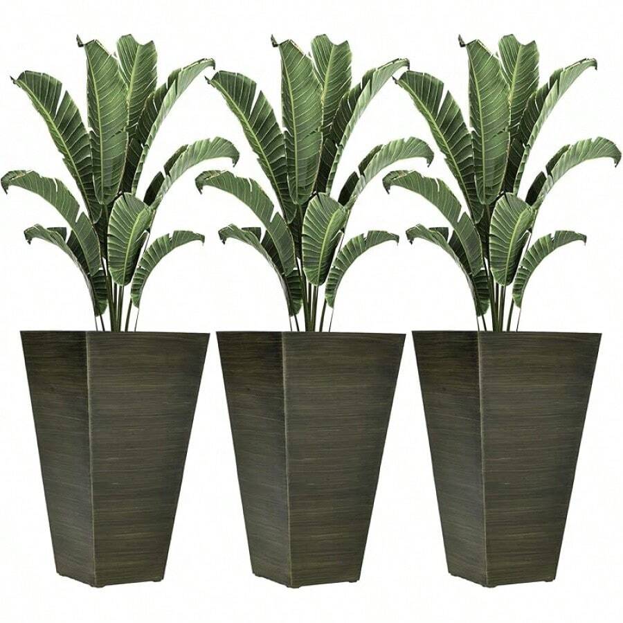 Outsunny 28" Tall Outdoor Planters, Set Of 3 Large Taper Planters With Drainage Holes And Plug, Faux Wood Plastic Flower Pots For Outdoor, Indoor, Garden, Patio, Light Brown - Màu xanh lá cây đậm - Xem 1