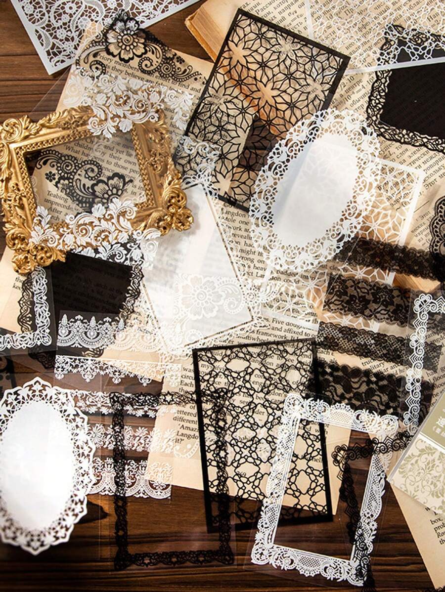 30 件复古镂空蕾丝贴纸，DIY 白色蕾丝材料贴纸，适用于剪贴簿、日记、工艺品 - 黑與白 - 查看 1