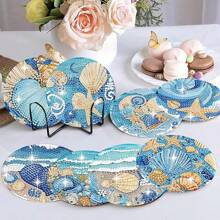 8pcs/Set DIY Diamond Painting Coasters, Starfish & Shell Pattern, Beverage Insulation Non-Slip Coasters With Holder, Handmade Gift, Mosaic Decoration - Multicolor - View 6