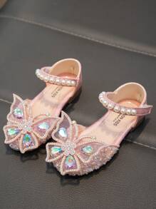 Kids' Flat Shoes With Rhinestones, Cute Butterfly Design, Sparkly - Pink - View 2