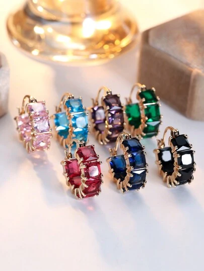 1pair Dazzling Square Cubic Zirconia Hoop Earrings For Women Girls Stylish Minimalist Charming Daily Jewelry Wedding Engagememnt Birthday Party Gifts