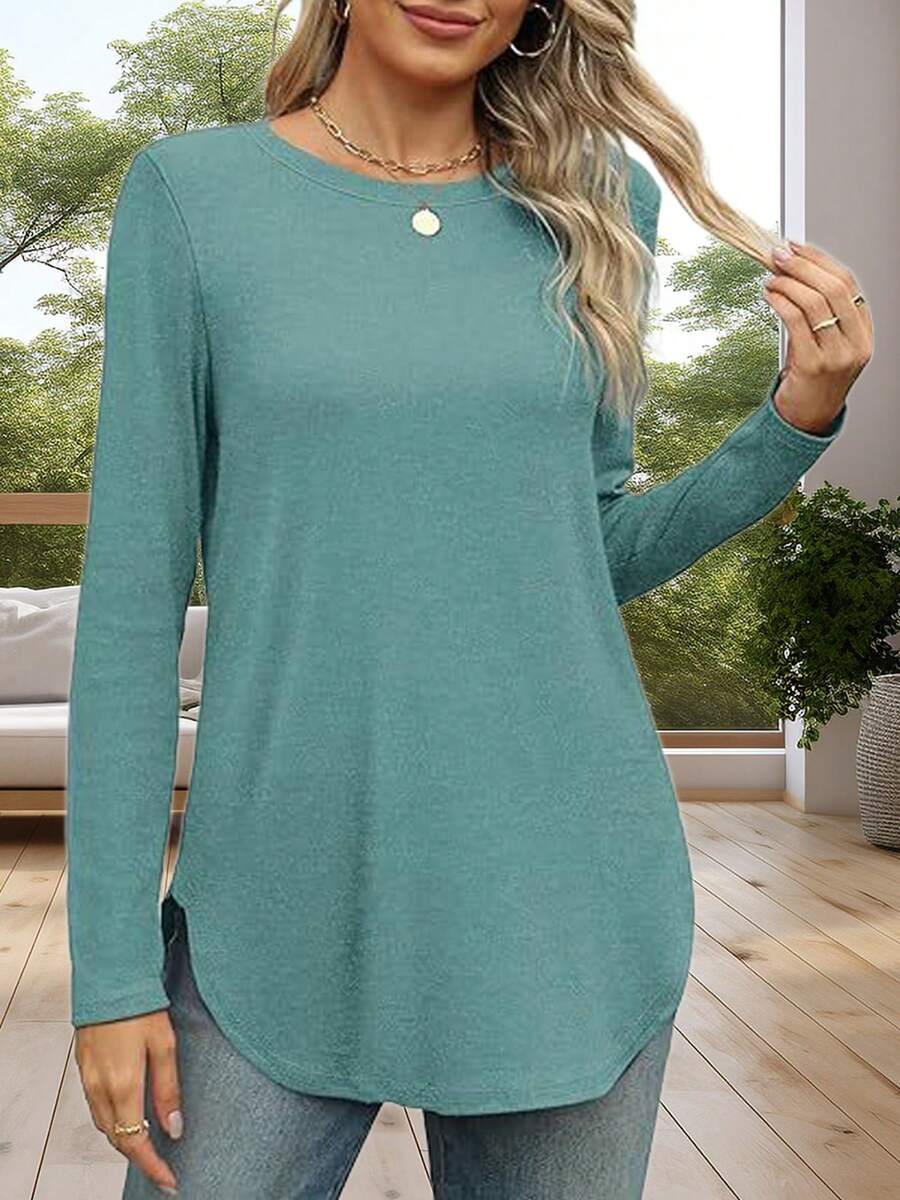 Women's Solid Color Crew Neck Shirt With Side Split Long Sleeve Casual Basic Top - 藍色 - 查看 1