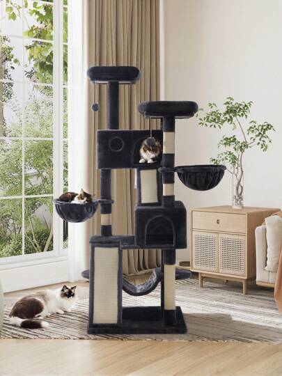 Allewie 65-Inch Cat Tree Tower - Spacious Multi-Level Activity Center For Indoor Cats With Wide Base, Cozy Plush Perches, Baskets, Sisal Scratching Posts, And Hammock - Grey/Dark Grey/Beige * Bed Frame Queen Queen Bed Frame Bed Frame Full Full Size Bed Frame King Size Bed Frame Twin Bed Frame Room Decor Home Decor Christmas Decor Bedroom Decor Valentine Day Decor Storage Living Room Decor Furniture House Decor