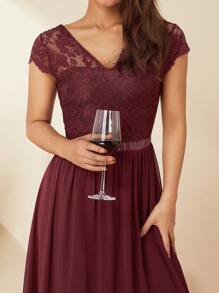 Women's Long Evening Dress, Solid Color Lace Patchwork Backless V Neck Elegant Dress, Simple One-Piece Clothes - Màu Đỏ Sâu - Xem 7