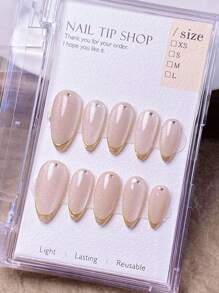 10pcs/Set Handmade Almond-Shaped Natural Amethyst Cat Eye Nail Stickers With White Rhinestones & Gold Tip Design, Elegant & Stylish Press-On Nails