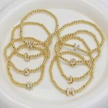 Pulseira com Contas Iniciais de 4mm A-Z, Revestida a Ouro 18K com Micro Pavê de CZ, Formato de Balão Bolha, Cordão Elástico, Joia Simples para Presente Feminino