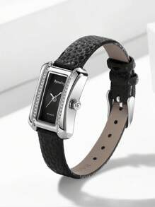 byronfrye 1pc Women Fashion Retro Luxury Crystal Diamond Square Dial Leather Strap Quartz Watch, Suitable For Daily Life - Black - View 2