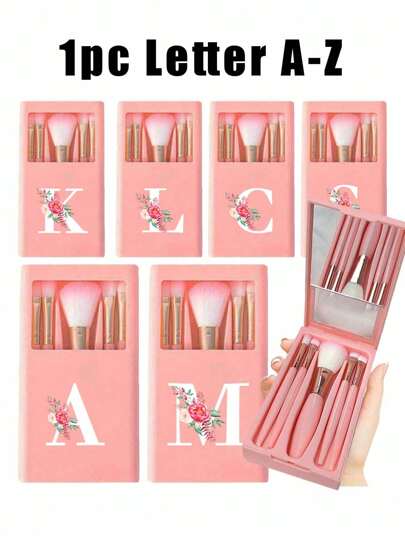 5pcs/Set Of Portable Cosmetic Brush Set With Mirror, Pink Begonia White Letter A-Z, Boxed Cosmetic Brush Set, Multi-Functional Cosmetic Brush With Mirror Box, Mini Multi-Functional Cosmetic Pen, Foundation Make-Up Cosmetic Brush, Eye Shadow Brush, Primary Cosmetic Tool Mixing Brush The Cosmetic Rack Of The Makeup Agency Includes Cosmetic Brush, Convenient Girl Gift Cosmetic Tool Set Ideal Gift, Portable Travel Necessities