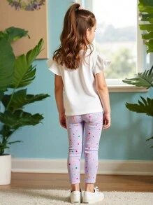 2pcs/Set Cute Unicorn Print Ruffle Sleeve T-Shirt & Colorful Polka Dot Leggings, Funny Casual Outfit For Young Girl - White - View 4