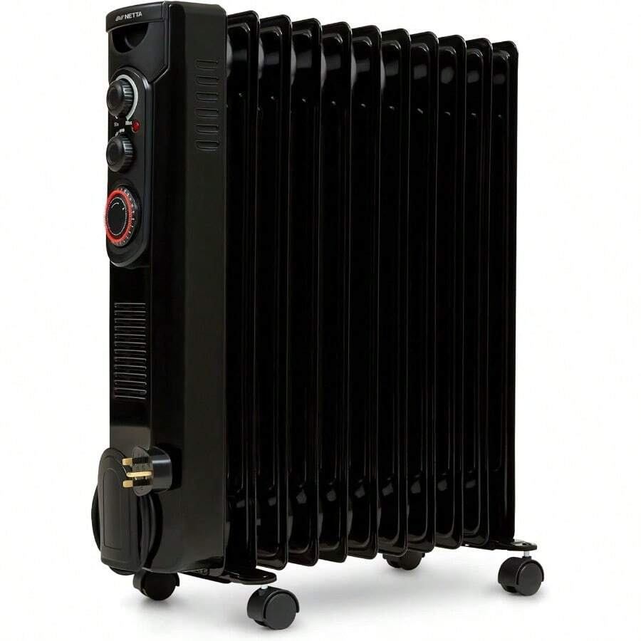 NETTA Oil Filled Radiator 2500W Portable Electric Heater With Thermostat And 24 Hour Timer 2 Power Settings Home Office Energy Efficiency 11 Fin Black - Black1 - View 1